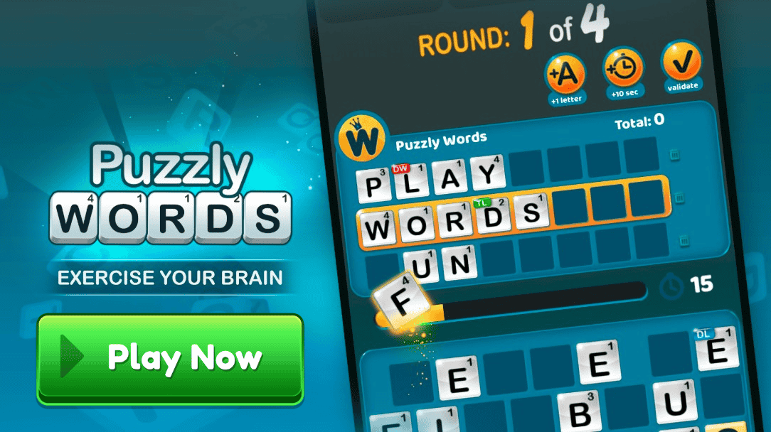 Puzzly Words gameplay — a 4×4 board of lettered tiles with live opponent scores and a 60-second round timer.